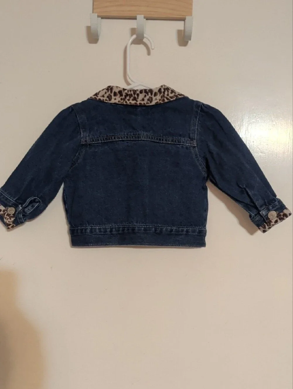 Toddler Denim Jacket with Leopard Collar and Kitty Appliqué - Dark Blue